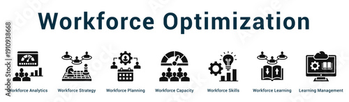 Workforce Optimization  Modern and clean web banner illustration vector featuring thematic icons