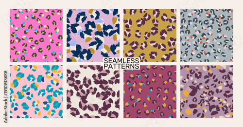 Seamless leopard inspired vector pattern collection with eight vibrant and sophisticated colorways including pink teal ochre plum sage rose and olive