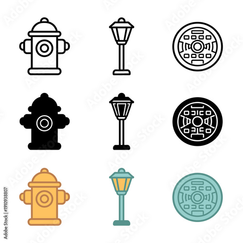 Urban street furniture and infrastructure icons set with fire hydrant, vintage street lamp, and round manhole cover for city planning concepts