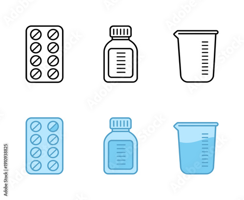 Medical and healthcare equipment set including blister pack of pills, medicine bottle, and graduated measuring beaker for pharmacy and science labs