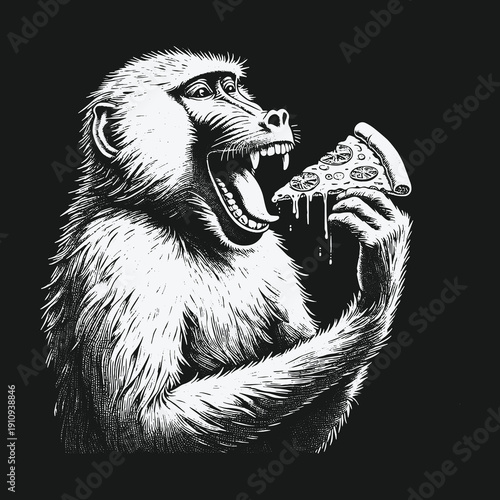 Monkeys Delight: A Baboon Enjoys a Slice of Pizza.