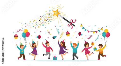 Children Celebrating with Balloons and Confetti.