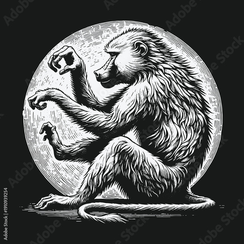 Engraved Baboon Contemplating Existence Under the Moons Glow.