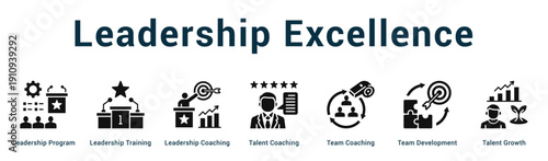 Leadership Excellence  Modern and clean web banner illustration vector featuring thematic icons