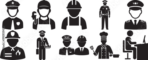 Collection of career icons: police officer, pilot, mechanic, chef, businessman, security