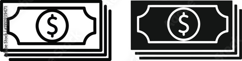 Cash and dollar bill icons in black and white