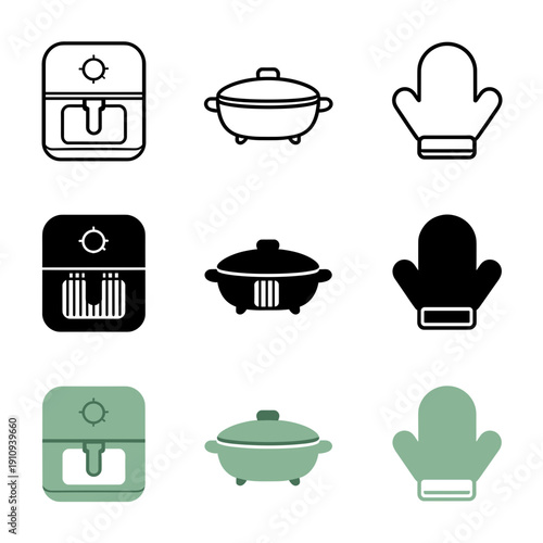 Modern kitchen appliances icon set featuring air fryer casserole pot and oven mitt in line art solid black and green flat vector styles