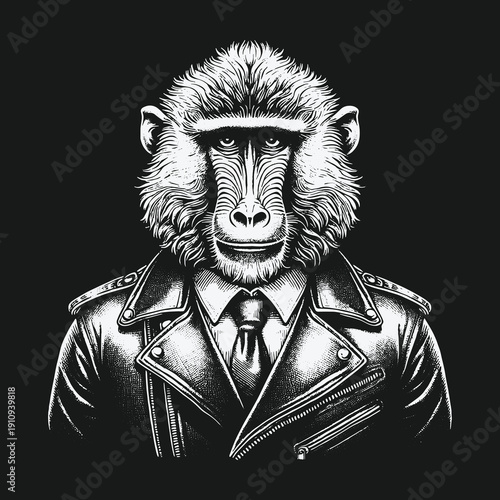 Intriguing Portrait of a Baboon in a Leather Jacket and Tie.