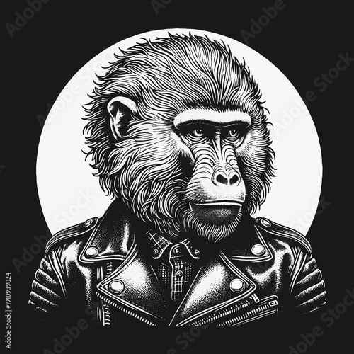 Stylized Gorilla Portrait in Leather Jacket with Intense Gaze.
