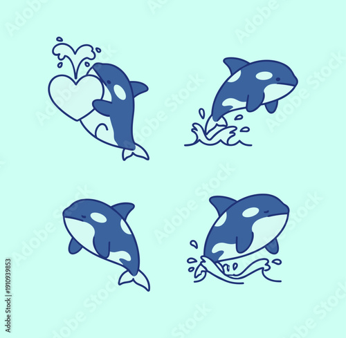 Cute Orca Whale Character Sticker Set Showing Killer Whale Jumping Playing and Holding Heart in Minimalist Blue Flat Vector Illustration Style