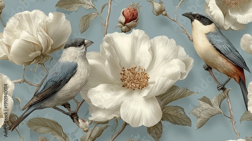 botanical pattern with flowers and small birds Regency era inspired illustration  pastel blue vintage wallpaper 