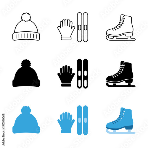 Winter sports equipment icons featuring beanie hat gloves skis and ice skates in outline solid and blue color styles for seasonal outdoor activity