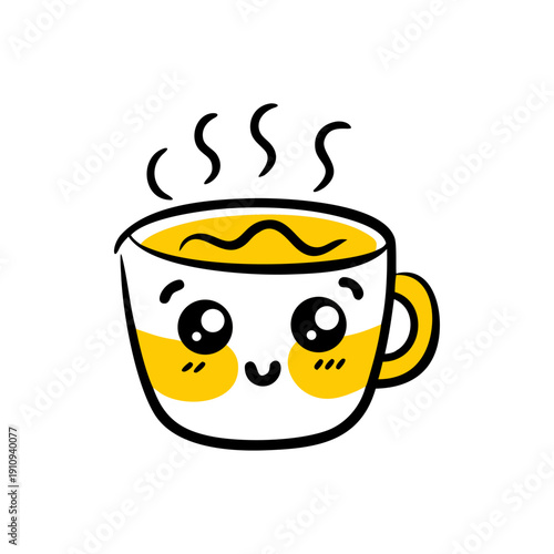 Adorable hot drink mascot Cute, happy kawaii coffee or tea cup with steam. Perfect for stickers.