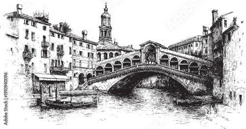 Rialto Bridge, Venice, Italy illustration on a white background. This vector illustration can be used in any size you like for advertising, logos, and other work.
