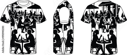 Black and white t shirts with people sitting at tables eating and drinking