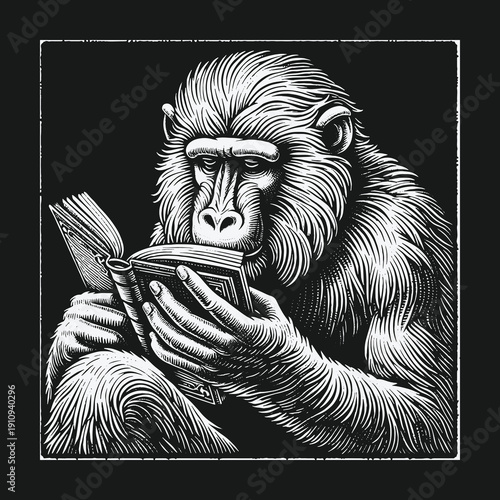 A Thoughtful Gorilla Immersed in the Pages of a Book.
