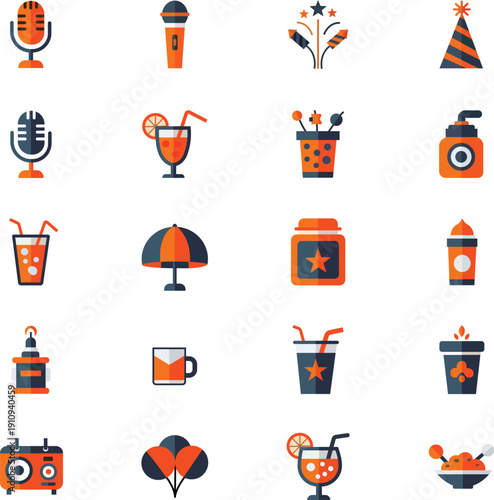 Orange And Dark Blue Party Celebration And Karaoke Vector Icon Set