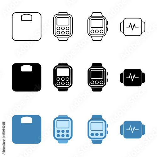 Health and fitness tracking devices icons set including bathroom scales and smartwatches for body weight monitoring and biometric pulse data