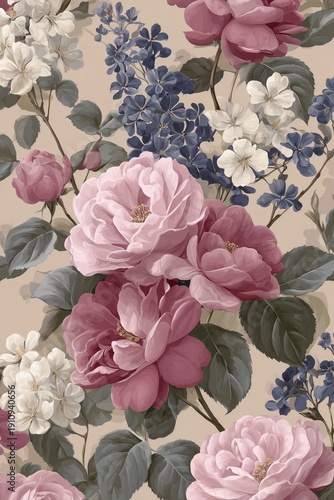 floral pattern inspired by Regency era aesthetics, roses and wildflowers, pastel color, vintage illustration style, romantic pattern