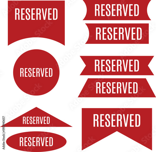 Reserved label set in red with badge ribbon banner and tag shapes isolated on white background