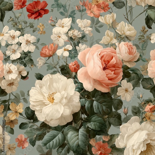 floral pattern inspired by Regency era aesthetics, roses and wildflowers, pastel color, vintage illustration style, romantic pattern