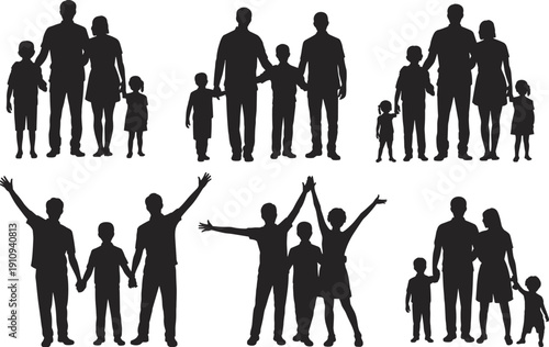 Black silhouettes of people holding hands and interacting family adults children