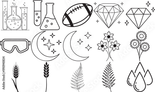 Science and nature icons: test tubes, football, diamond, flowers, moon, stars, wheat