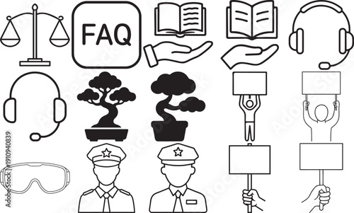 Icons for legal, support, bonsai, police, and news: scales, FAQ, headphones, signs