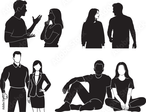 Black silhouettes of people in various poses and groups