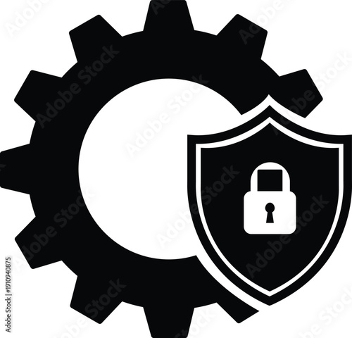 Illustration of black gear and shield icon with lock on for security concepts and settings