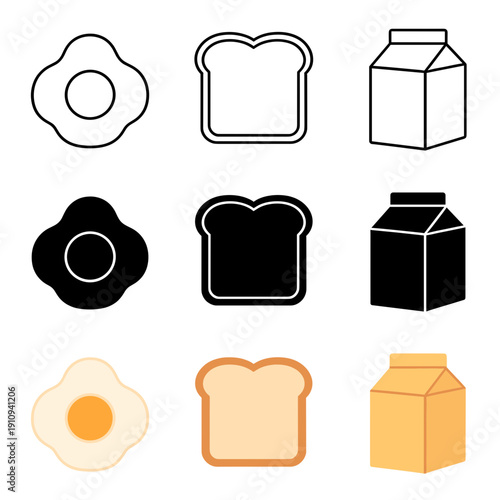 Breakfast food icons set with fried egg slice of toast and milk carton in outline solid and warm orange color palette for morning themes