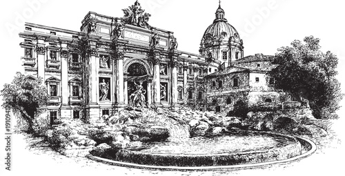 Trevi Fountain, Rome, Italy illustration on a white background. This vector illustration can be used in any size you like for advertising, logos, and other work.
