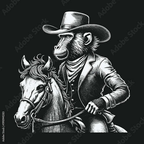 Monkey Sheriff Riding Horse: A Wild West Adventure in Black and White.