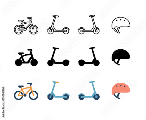 Personal transportation and safety equipment icons with bicycle kick scooter and protective helmet in three styles for urban mobility and sport