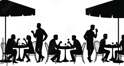 Black silhouettes of people sitting and standing at outdoor cafe tables under umbrellas