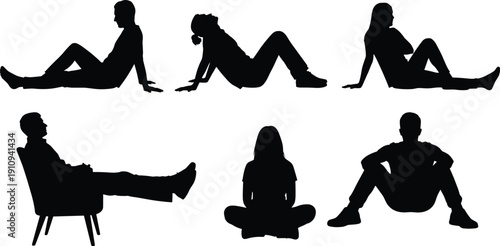 Silhouette collection of six people in relaxed seated and reclining positions, showcasing casual body language for lifestyle, ergonomics, posture, and artistic design concepts