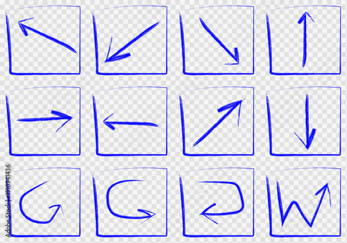 Hand drawn blue vector arrow set in square frames. Doodle sketch direction pointers for UI, web design, infographic, presentation, isolated on transparent background