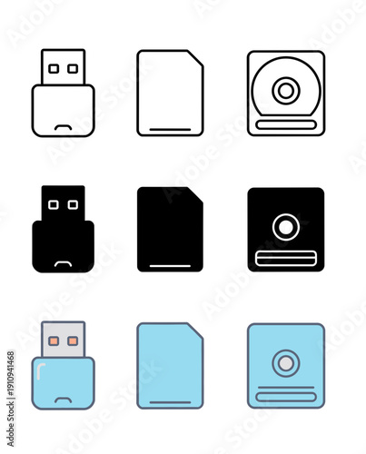 Digital storage and memory icons set featuring usb flash drive sd card and hard disk drive in line art solid and light blue styles