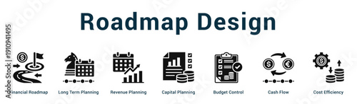 Roadmap Design  Modern and clean web banner illustration vector featuring thematic icons
