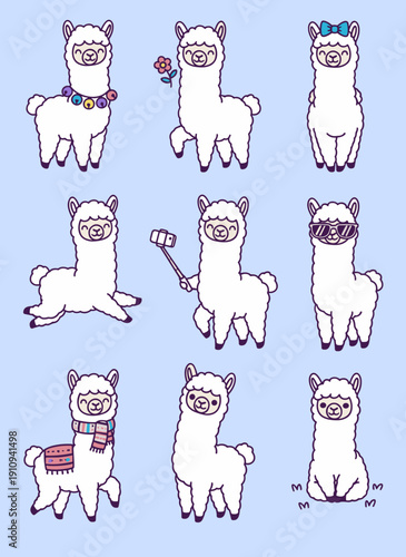 Adorable alpaca and llama character collection in different poses with accessories like scarf sunglasses selfie stick and flowers