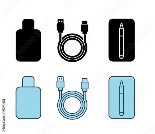 Universal electronic accessories set with digital stylus pen power adapter and charging cable icons in solid black and blue linear styles