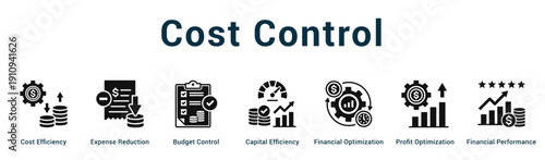 Cost Control  Modern and clean web banner illustration vector featuring thematic icons