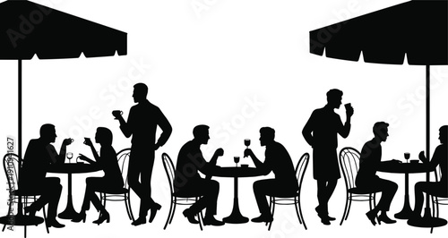 Black silhouettes of people sitting at round tables under umbrellas