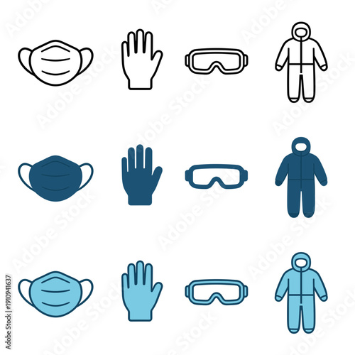 Personal protective equipment ppe icons with medical face mask safety gloves goggles and hazmat suit for health and workplace safety