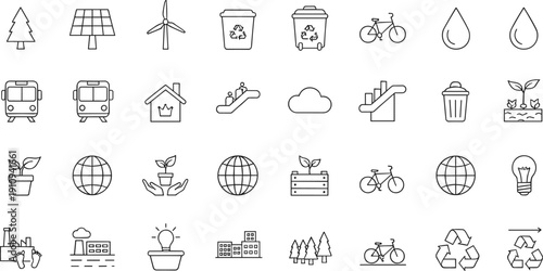 Hand Drawn Ecology and Sustainability Icon Set with Recycling Wind Turbines Solar Panels Plants Bicycles and Green Energy Outline Collection