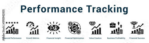 Performance Tracking  Modern and clean web banner illustration vector featuring thematic icons