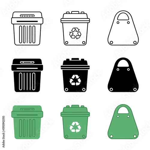 Waste management icons set including paper shredder recycling bin and reusable shopping bag in line art silhouette and green color styles vector