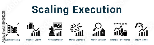 Scaling Execution  Modern and clean web banner illustration vector featuring thematic icons