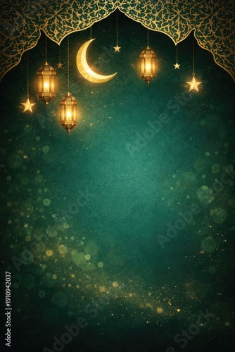 Ramadan Kareem greeting background with golden lanterns crescent moon and stars on dark emerald texture