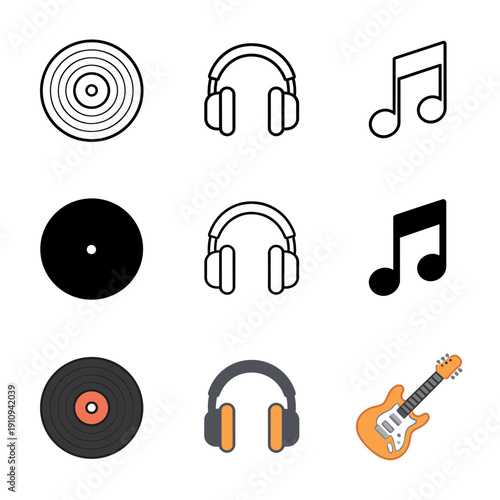 Music and audio icons set including vinyl record headphones and music note in line art solid black and colorful guitar versions for sound industry